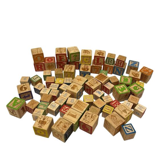 Lot of 73 Wooden Wood Toy Alphabet Letter Number Blocks Colorful Various Sizes